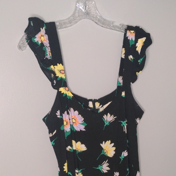 EUC✨LOFT black sleeveless midi dress with ruffled straps & yellow flowers - Picture 5 of 17